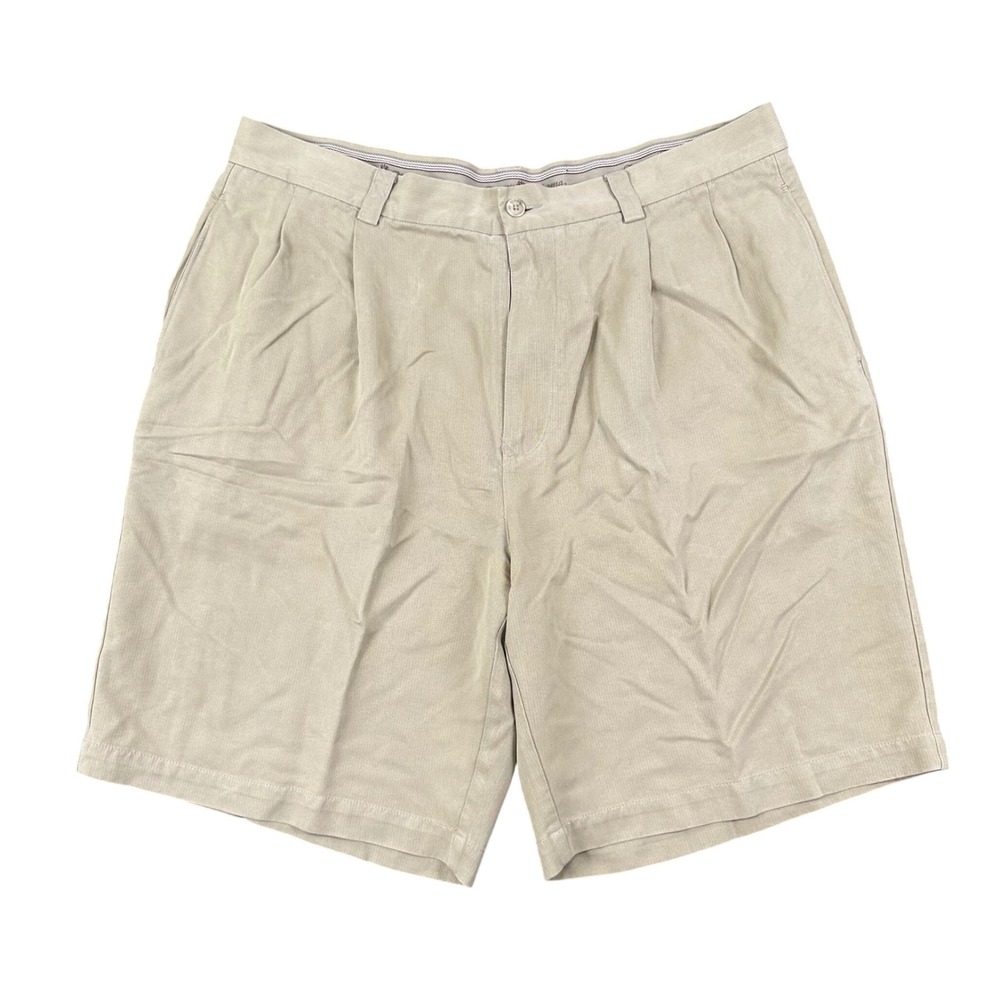 Tommy Bahama Mens 100% Silk Shorts Mens Size 36 Khaki Tan Pleated Relaxed Fit